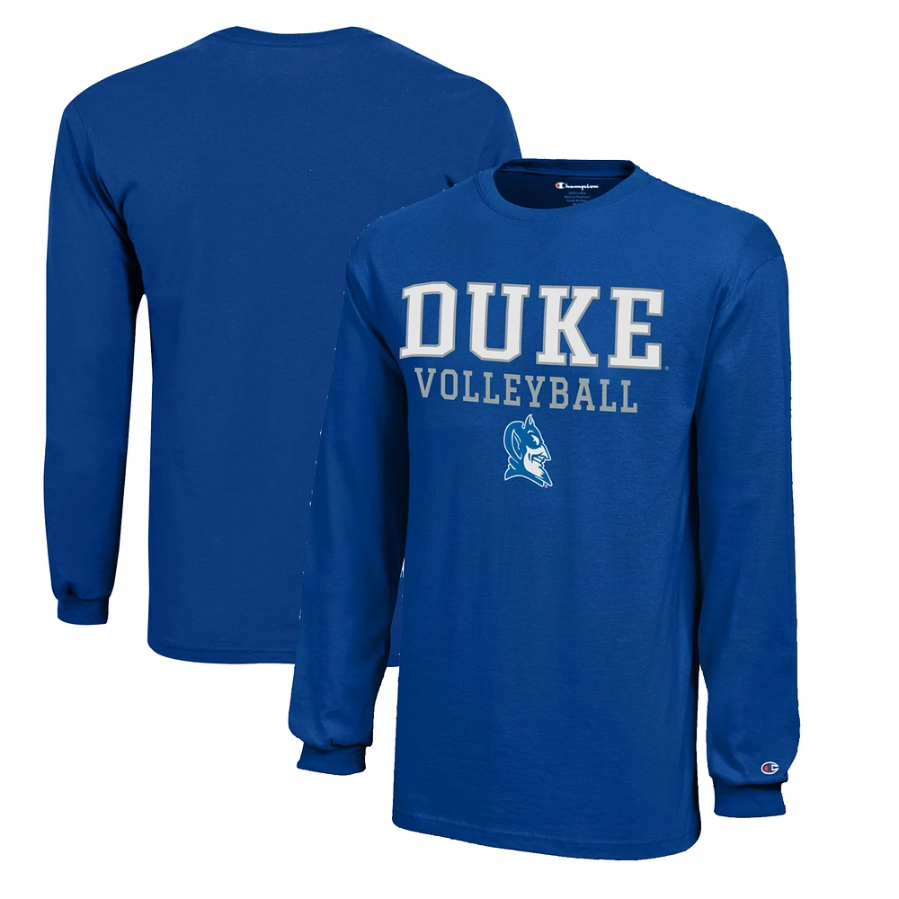 Youth Champion Royal Duke Blue Devils Stacked Logo Long Sleeve Volleyball T-Shirt