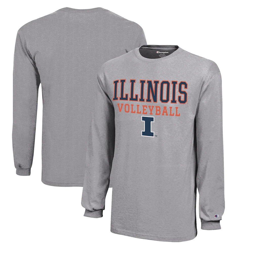 Youth Champion Gray Illinois Fighting Illini Stacked Logo Long Sleeve Volleyball T-Shirt