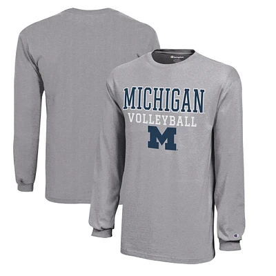 Youth Champion Gray Michigan Wolverines Stacked Logo Long Sleeve Volleyball T-Shirt