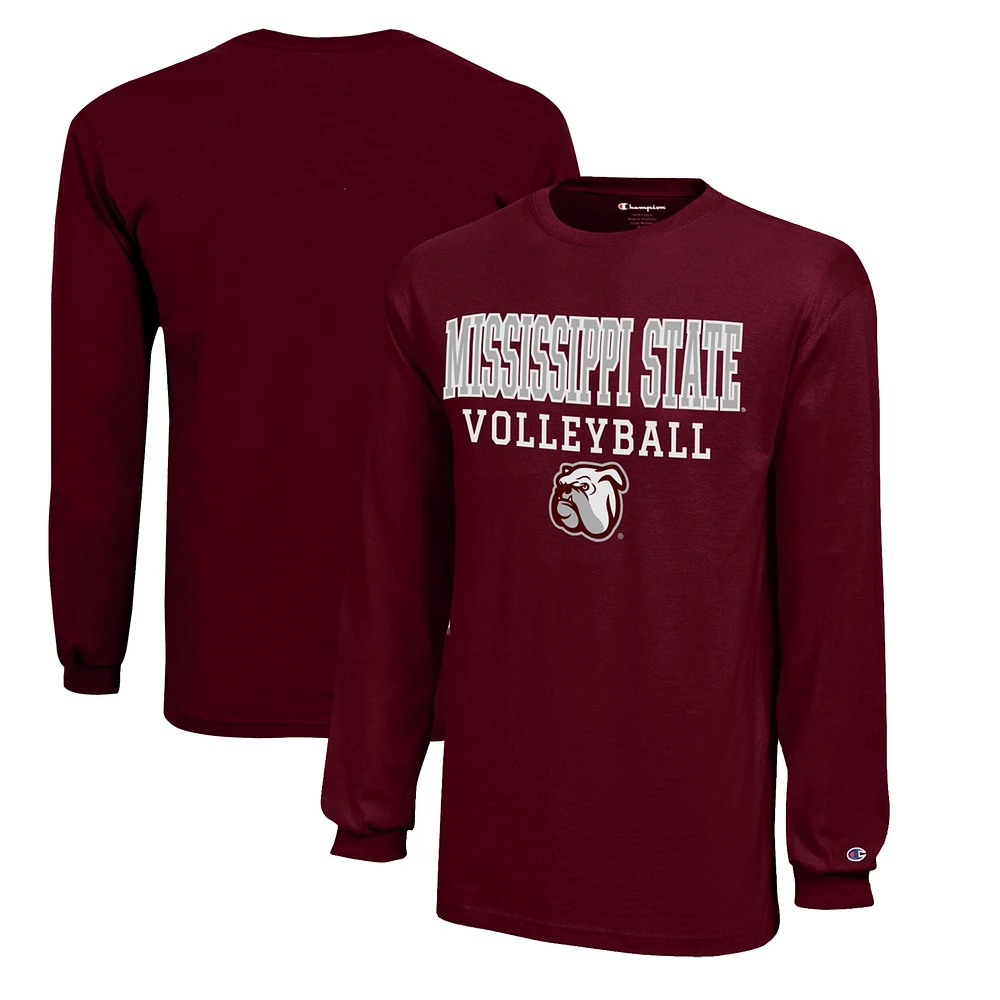 Youth Champion Maroon Mississippi State Bulldogs Stacked Logo Long Sleeve Volleyball T-Shirt