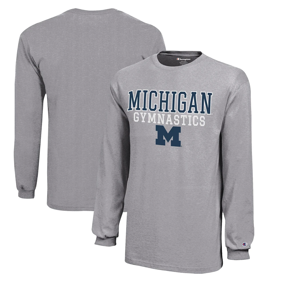 Youth Champion Gray Michigan Wolverines Stacked Logo Long Sleeve Gymnastics Jersey T-Shirt