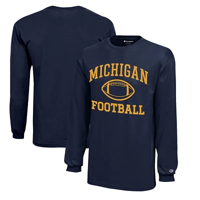 Youth Champion Navy Michigan Wolverines Icon Logo Long Sleeve Football T-Shirt