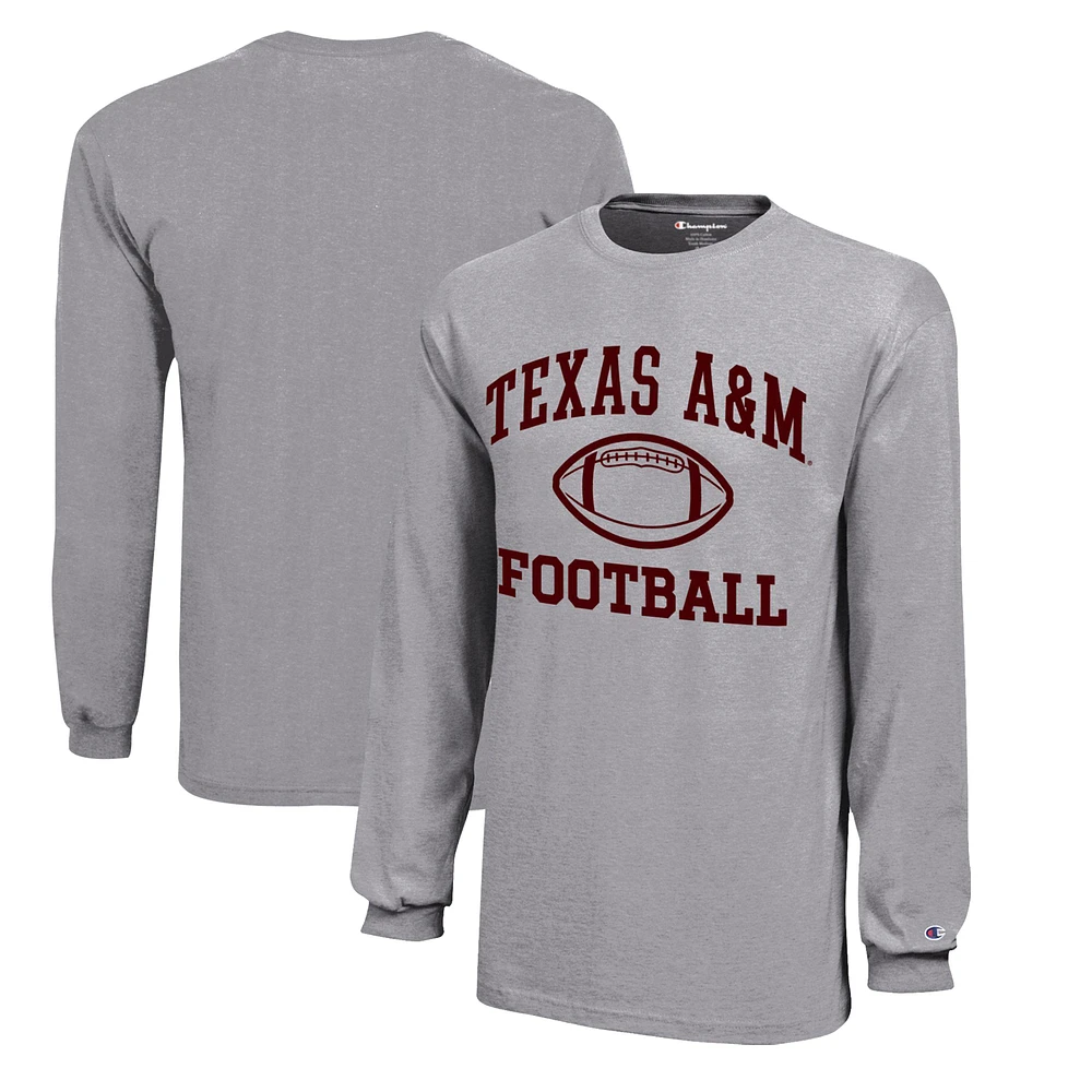 Youth Champion Gray Texas A&M Aggies Icon Logo Long Sleeve Football T-Shirt