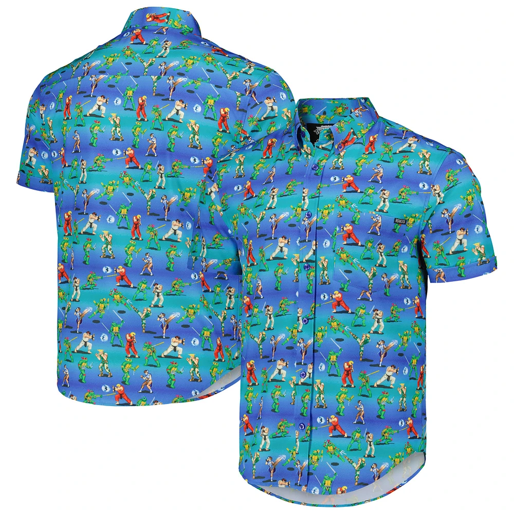Unisex RSVLTS Blue Teenage Mutant Ninja Turtles vs. Street Fighter Battle of the Bits KUNUFLEX Button-Down Shirt