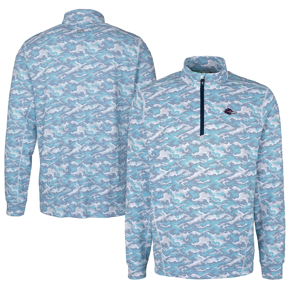 Men's Cutter & Buck Navy UTSA Roadrunners Traverse Camo Print Stretch Quarter-Zip DryTec Top