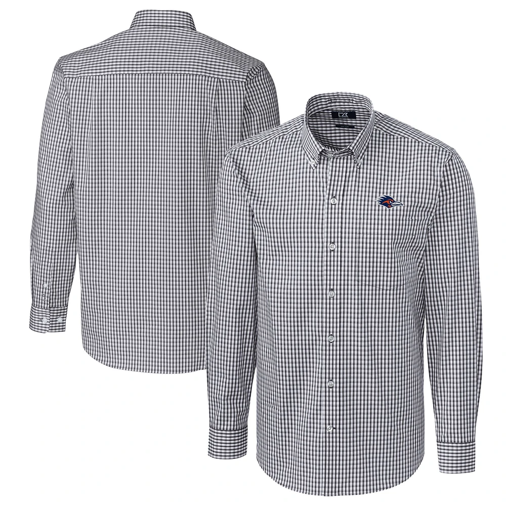 Men's Cutter & Buck Charcoal UTSA Roadrunners Easy Care Stretch Gingham Long Sleeve Dress Shirt