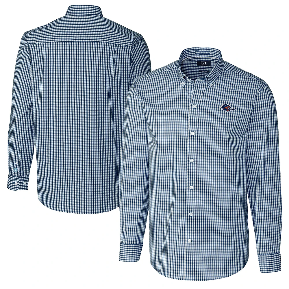 Men's Cutter & Buck Navy UTSA Roadrunners Big Tall Easy Care Stretch Gingham Long Sleeve Dress Shirt