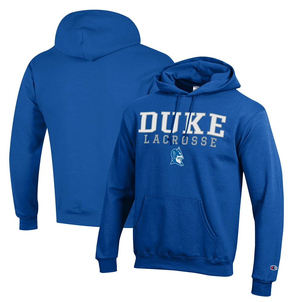 Men's Champion Royal Duke Blue Devils Stacked Logo Lacrosse Pullover Hoodie