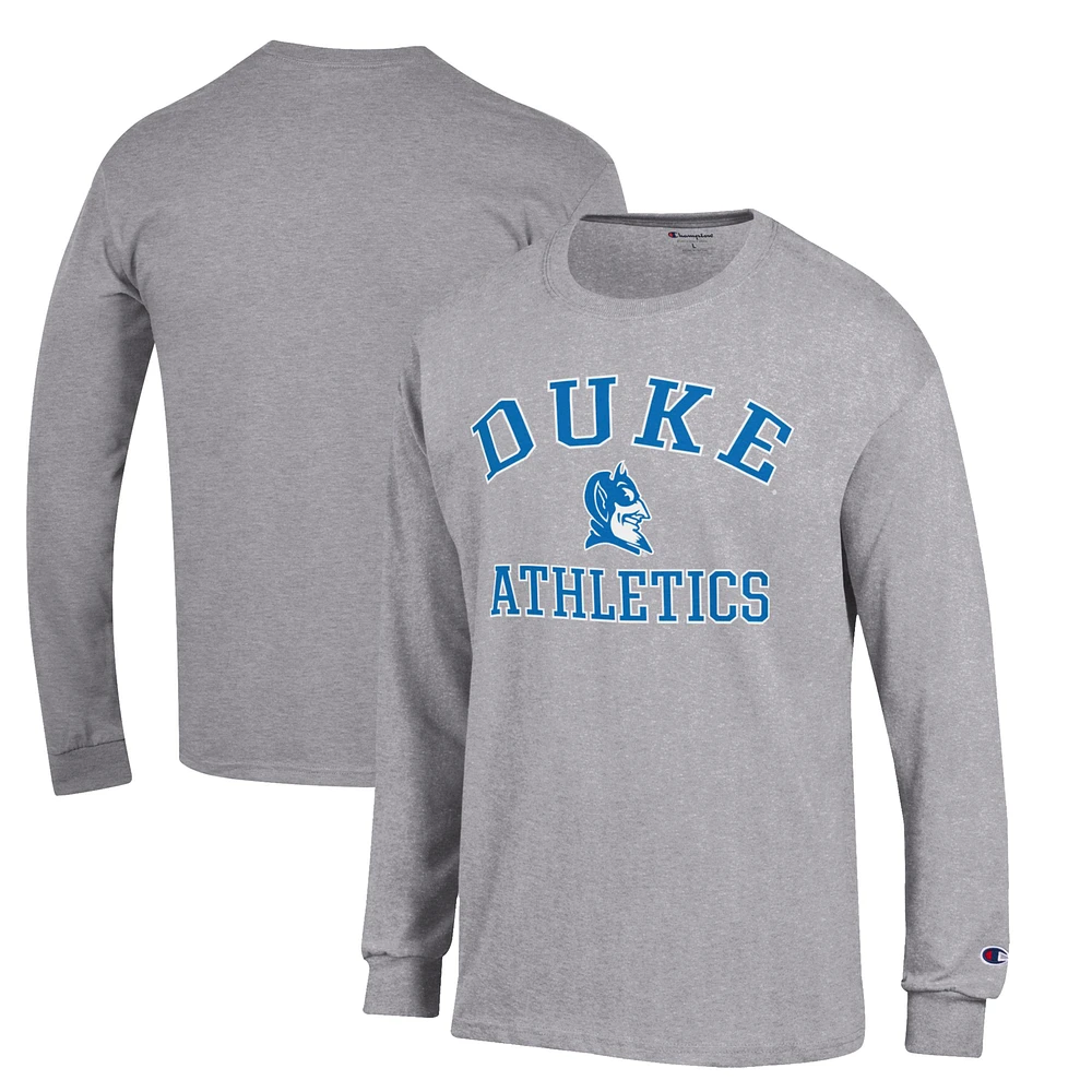 Men's Champion Gray Duke Blue Devils Arch Logo Athletics Long Sleeve T-Shirt