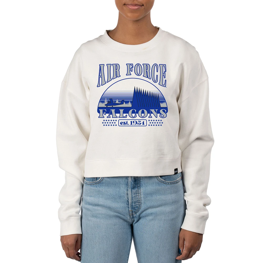 Women's Uscape Apparel Cream Air Force Falcons Pigment Dyed Local Skyline Fleece Crop Crewneck Sweatshirt