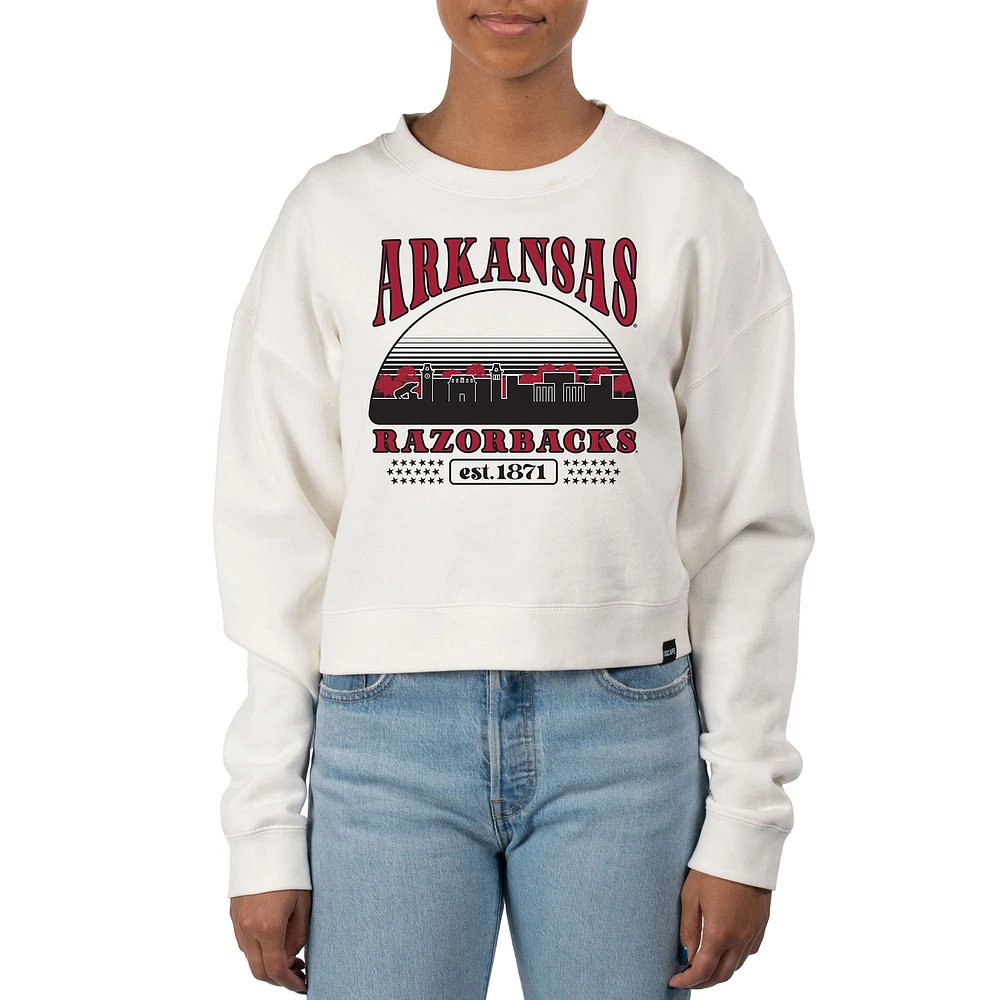 Women's Uscape Apparel Cream Arkansas Razorbacks Pigment Dyed Local Skyline Fleece Crop Crewneck Sweatshirt