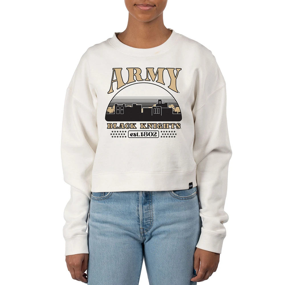 Women's Uscape Apparel Cream Army Black Knights Pigment Dyed Local Skyline Fleece Crop Crewneck Sweatshirt
