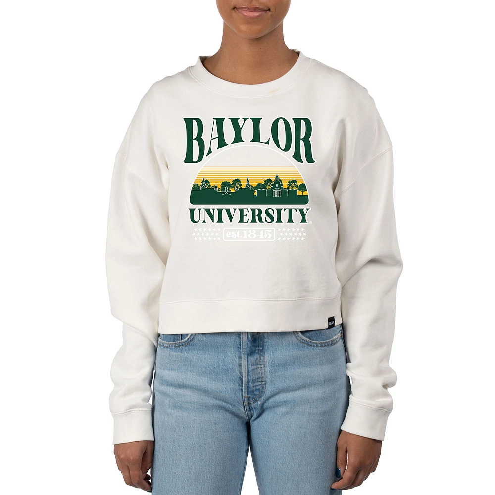 Women's Uscape Apparel Cream Baylor Bears Pigment Dyed Local Skyline Fleece Crop Crewneck Sweatshirt