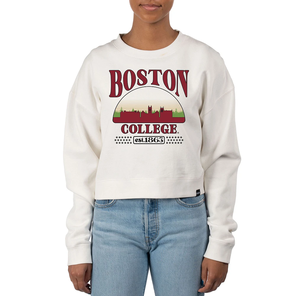 Women's Uscape Apparel Cream Boston College Eagles Pigment Dyed Local Skyline Fleece Crop Crewneck Sweatshirt