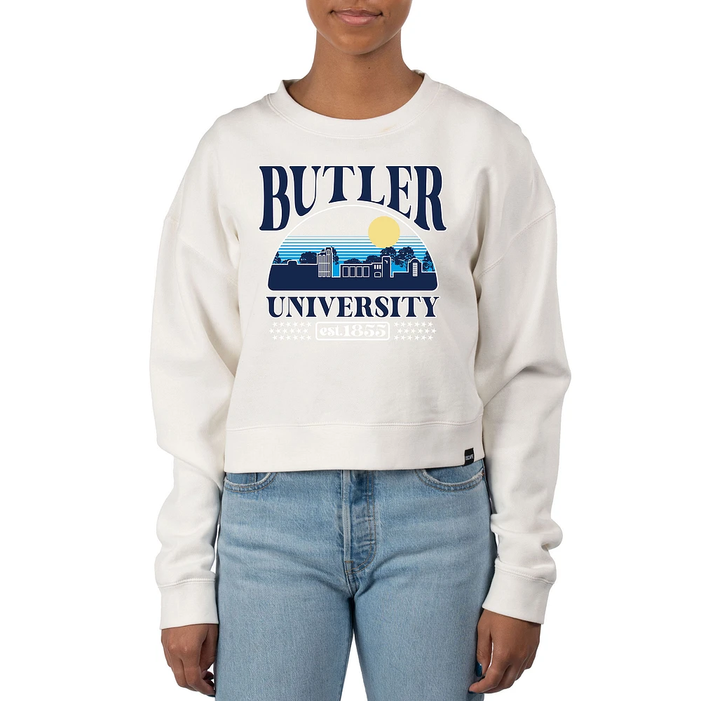 Women's Uscape Apparel Cream Butler Bulldogs Pigment Dyed Local Skyline Fleece Crop Crewneck Sweatshirt