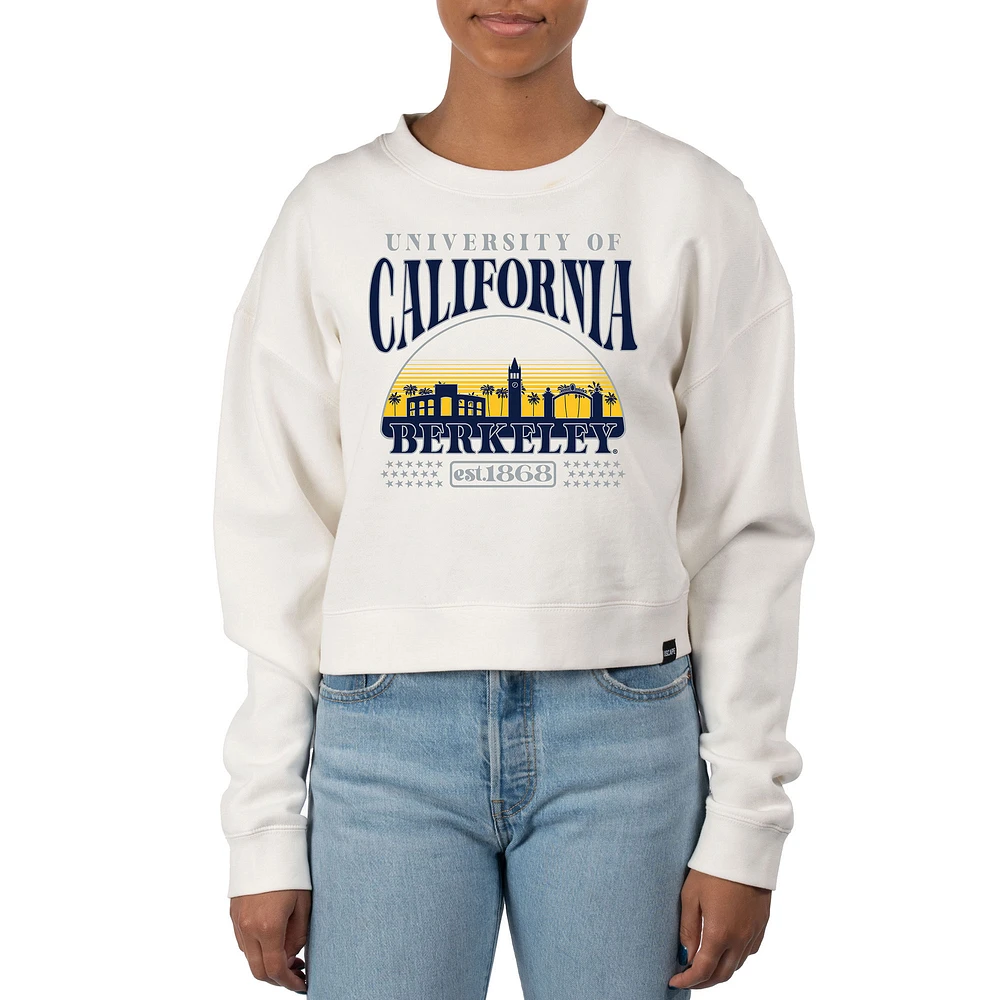 Women's Uscape Apparel Cream Cal Bears Pigment Dyed Local Skyline Fleece Crop Crewneck Sweatshirt