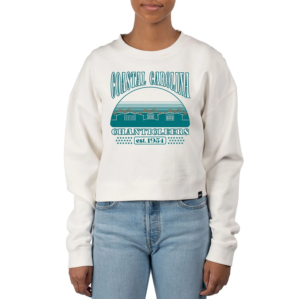 Women's Uscape Apparel Cream Coastal Carolina Chanticleers Pigment Dyed Local Skyline Fleece Crop Crewneck Sweatshirt