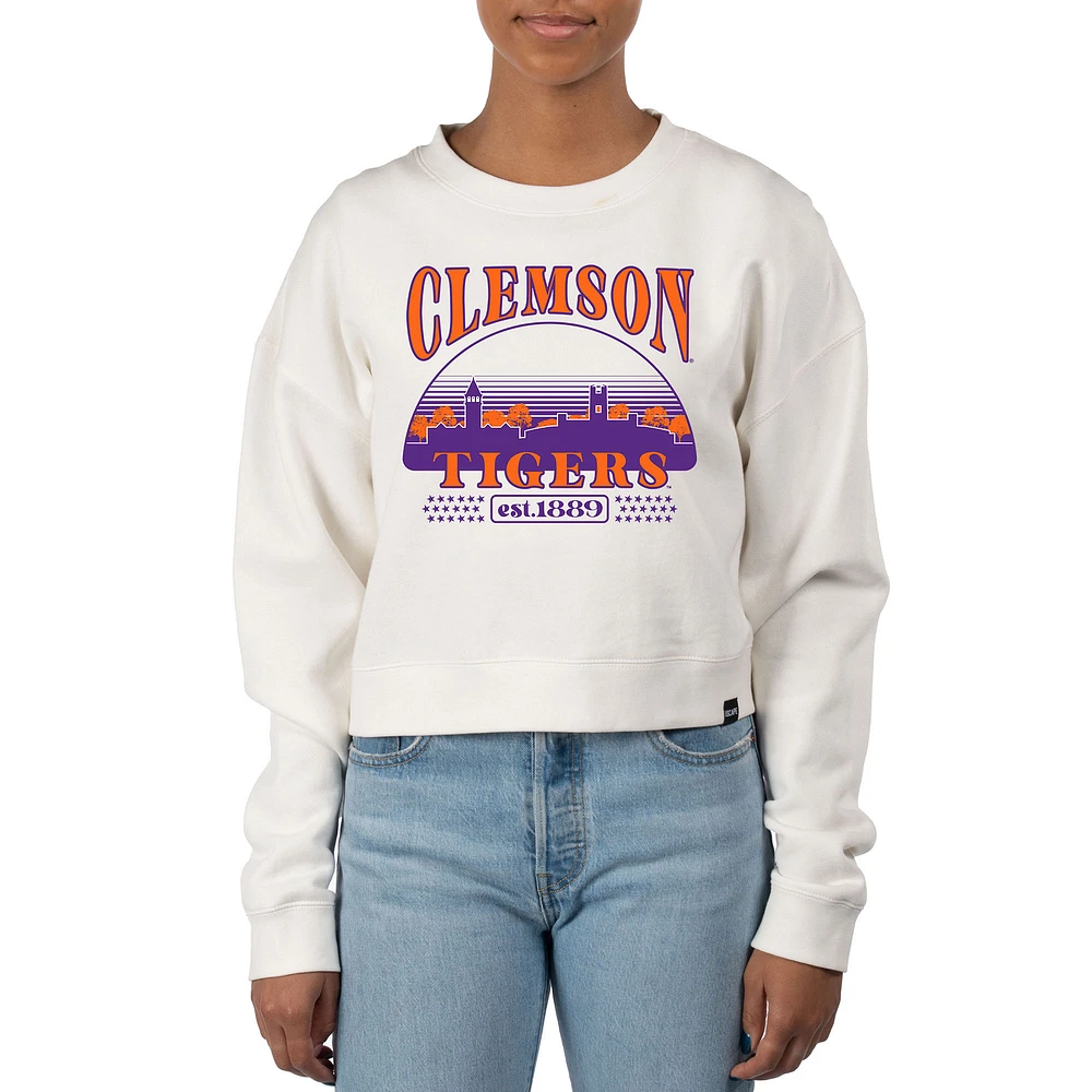 Women's Uscape Apparel Cream Clemson Tigers Pigment Dyed Local Skyline Fleece Crop Crewneck Sweatshirt