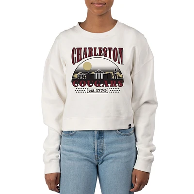 Women's Uscape Apparel Cream Charleston Cougars Pigment Dyed Local Skyline Fleece Crop Crewneck Sweatshirt