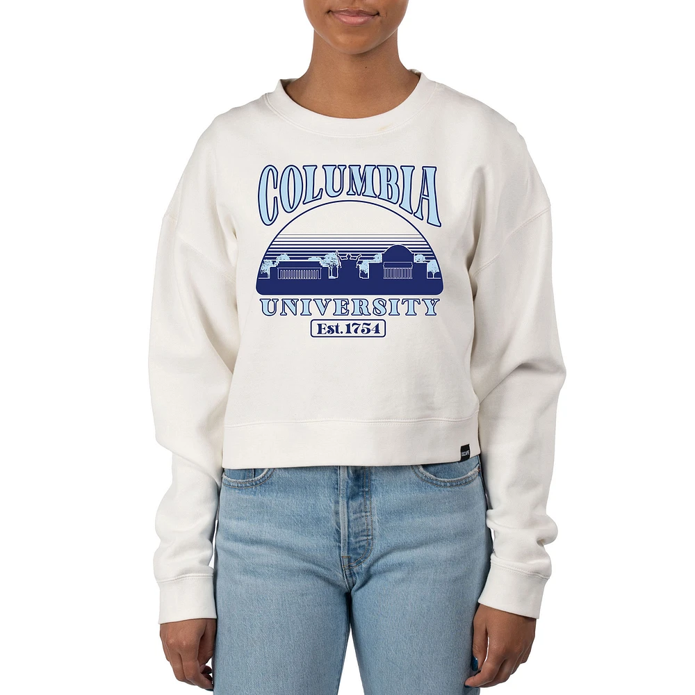 Women's Uscape Apparel Cream Columbia University Pigment Dyed Local Skyline Fleece Crop Crewneck Sweatshirt