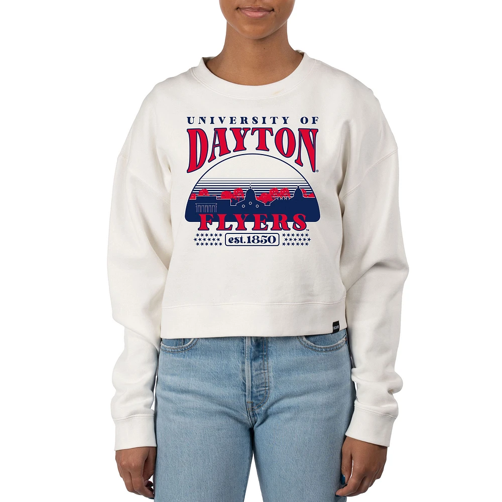 Women's Uscape Apparel Cream Dayton Flyers Pigment Dyed Local Skyline Fleece Crop Crewneck Sweatshirt