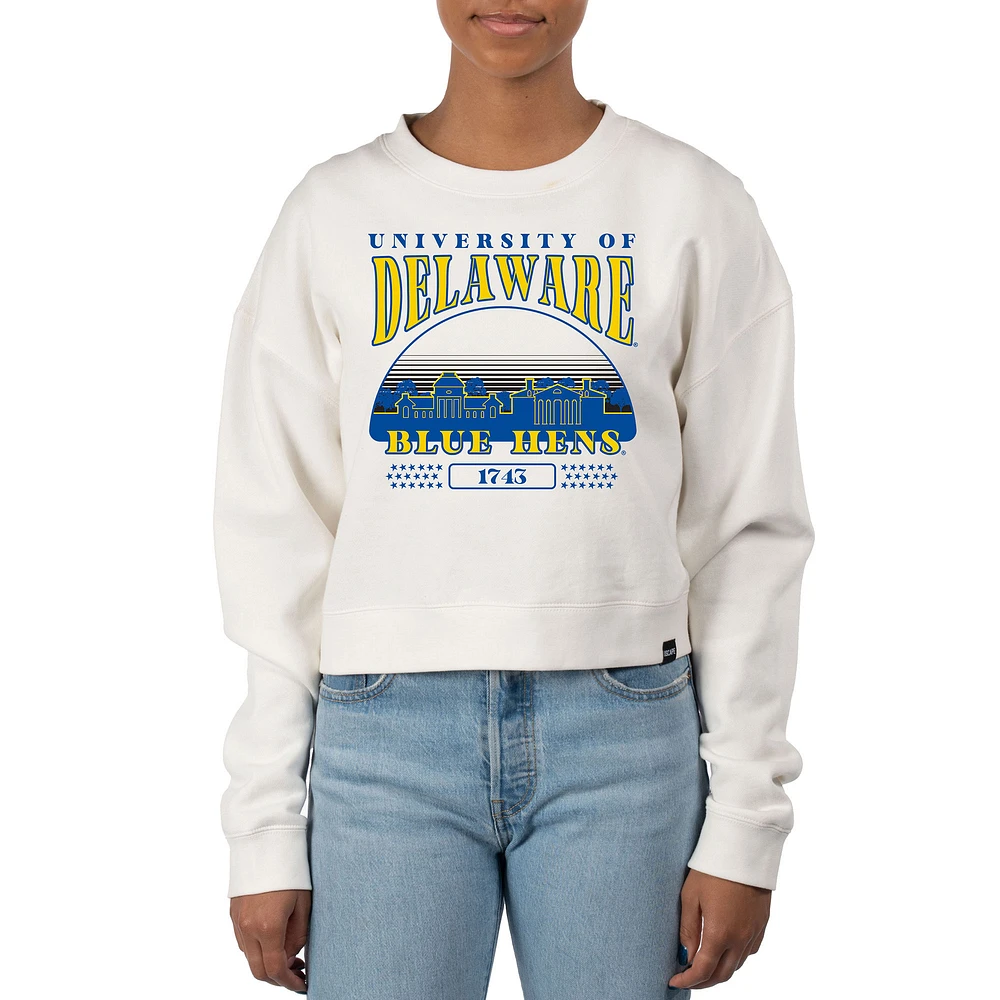 Women's Uscape Apparel Cream Delaware Fightin' Blue Hens Pigment Dyed Local Skyline Fleece Crop Crewneck Sweatshirt