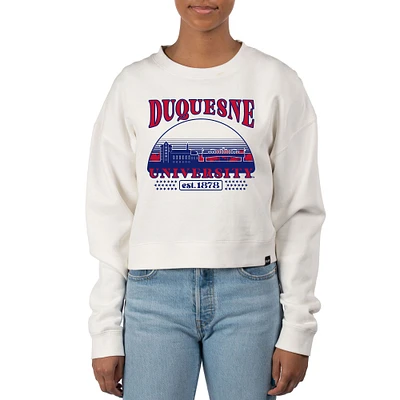 Women's Uscape Apparel Cream Duquesne Dukes Pigment Dyed Local Skyline Fleece Crop Crewneck Sweatshirt