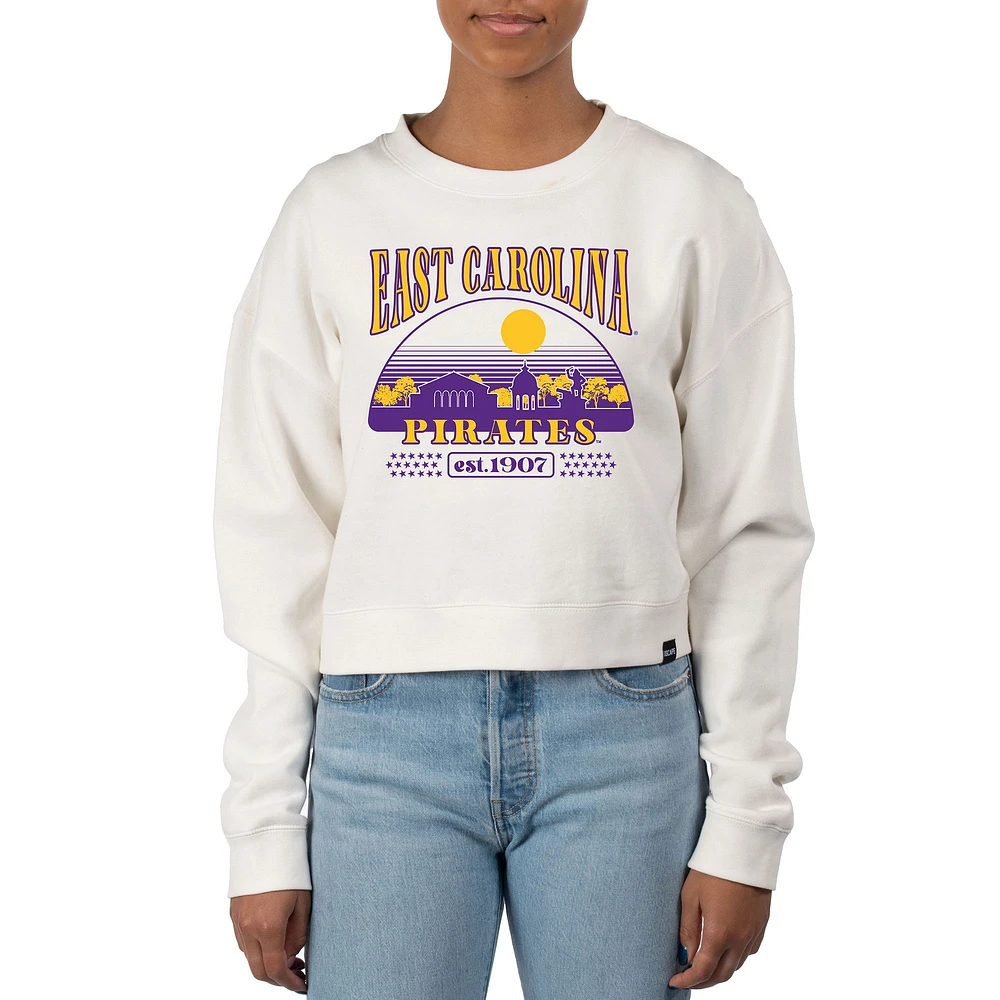 Women's Uscape Apparel Cream ECU Pirates Pigment Dyed Local Skyline Fleece Crop Crewneck Sweatshirt