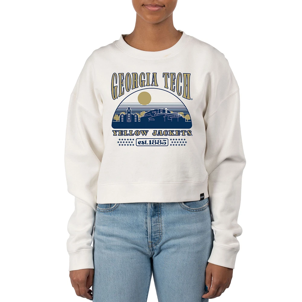 Women's Uscape Apparel Cream Georgia Tech Yellow Jackets Pigment Dyed Local Skyline Fleece Crop Crewneck Sweatshirt