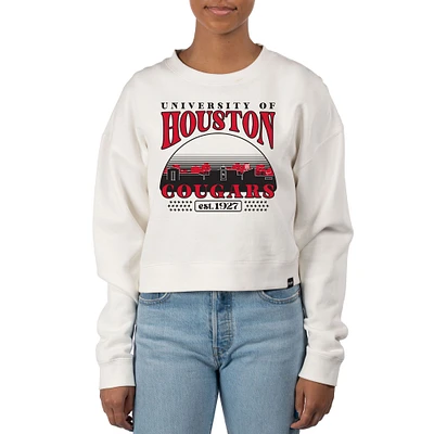 Women's Uscape Apparel Cream Houston Cougars Pigment Dyed Local Skyline Fleece Crop Crewneck Sweatshirt