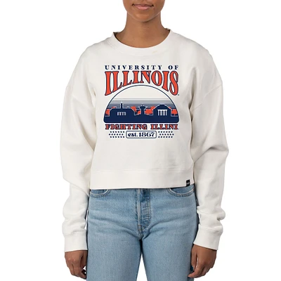 Women's Uscape Apparel Cream Illinois Fighting Illini Pigment Dyed Local Skyline Fleece Crop Crewneck Sweatshirt