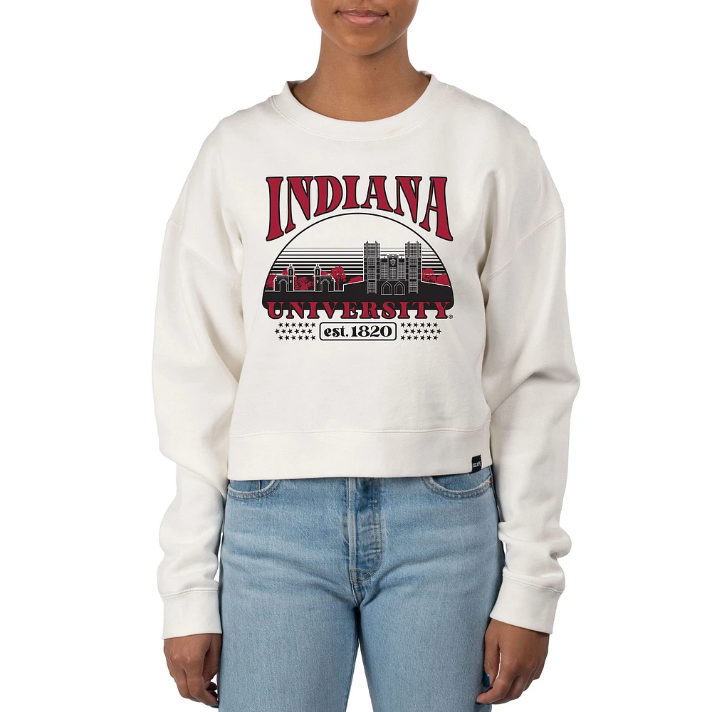 Women's Uscape Apparel Cream Indiana Hoosiers Pigment Dyed Local Skyline Fleece Crop Crewneck Sweatshirt