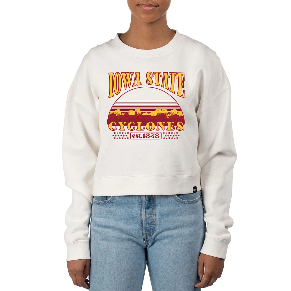 Women's Uscape Apparel Cream Iowa State Cyclones Pigment Dyed Local Skyline Fleece Crop Crewneck Sweatshirt