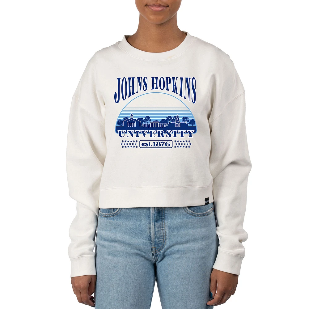 Women's Uscape Apparel Cream Johns Hopkins Blue Jays Pigment Dyed Local Skyline Fleece Crop Crewneck Sweatshirt