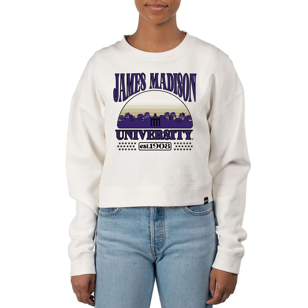 Women's Uscape Apparel Cream James Madison Dukes Pigment Dyed Local Skyline Fleece Crop Crewneck Sweatshirt