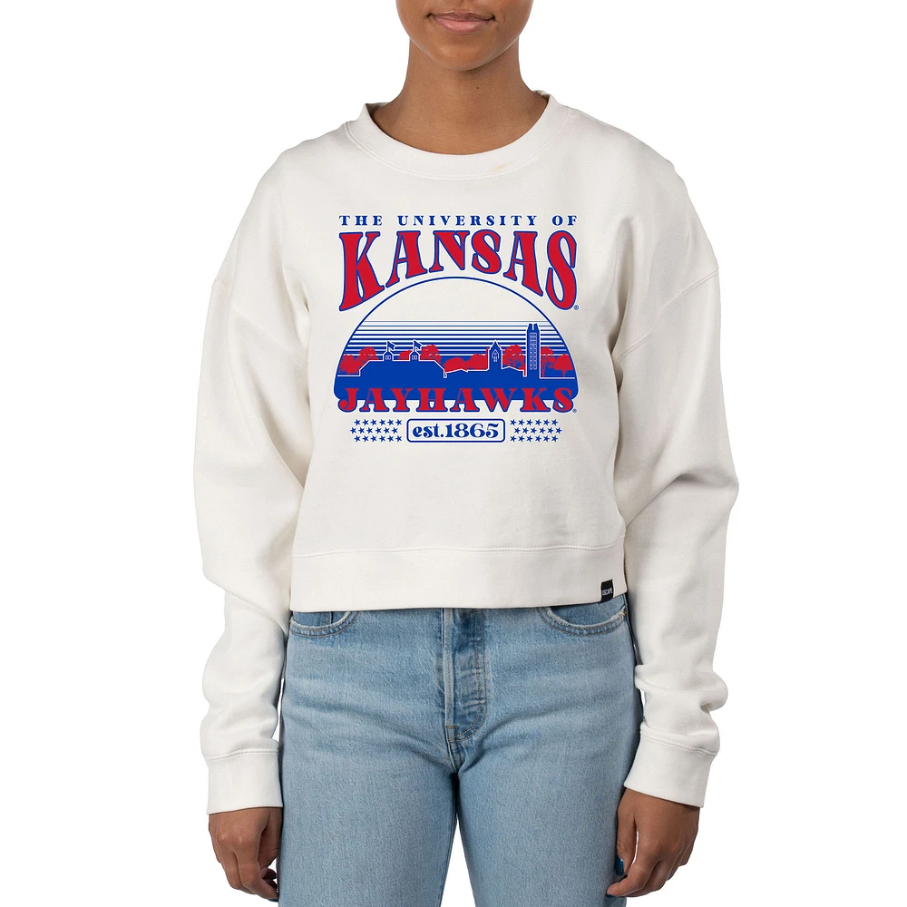 Women's Uscape Apparel Cream Kansas Jayhawks Pigment Dyed Local Skyline Fleece Crop Crewneck Sweatshirt
