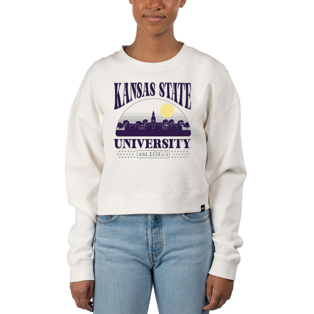 Women's Uscape Apparel Cream Kansas State Wildcats Pigment Dyed Local Skyline Fleece Crop Crewneck Sweatshirt