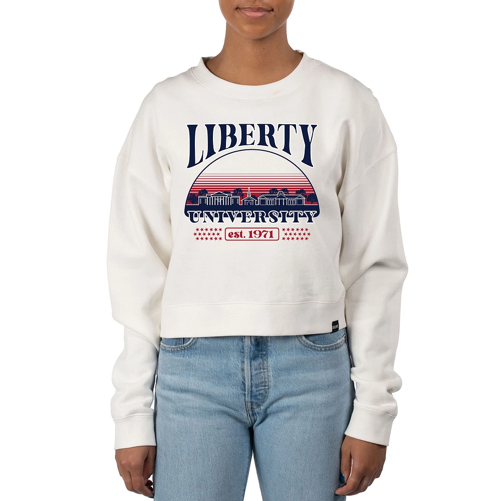 Women's Uscape Apparel Cream Liberty Flames Pigment Dyed Local Skyline Fleece Crop Crewneck Sweatshirt