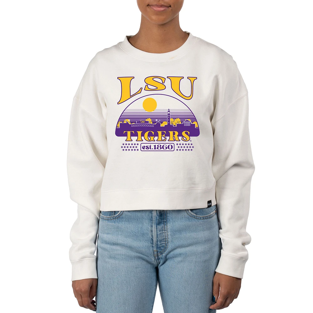 Women's Uscape Apparel Cream LSU Tigers Pigment Dyed Local Skyline Fleece Crop Crewneck Sweatshirt