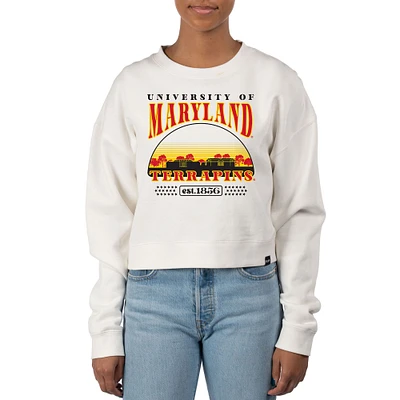 Women's Uscape Apparel Cream Maryland Terrapins Pigment Dyed Local Skyline Fleece Crop Crewneck Sweatshirt