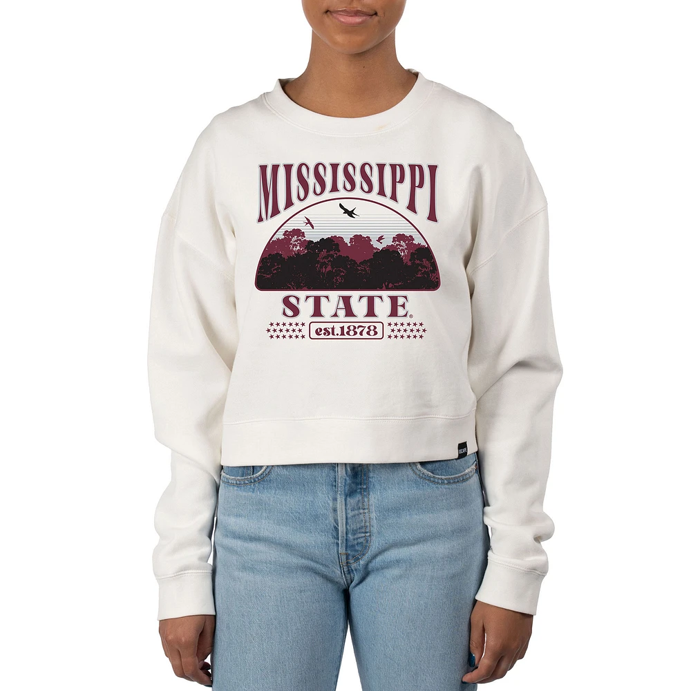 Women's Uscape Apparel Cream Mississippi State Bulldogs Pigment Dyed Local Skyline Fleece Crop Crewneck Sweatshirt