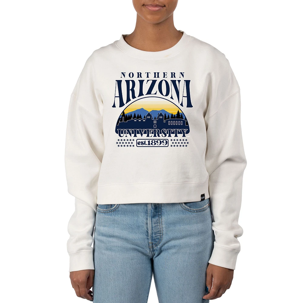 Women's Uscape Apparel Cream Northern Arizona Lumberjacks Pigment Dyed Local Skyline Fleece Crop Crewneck Sweatshirt