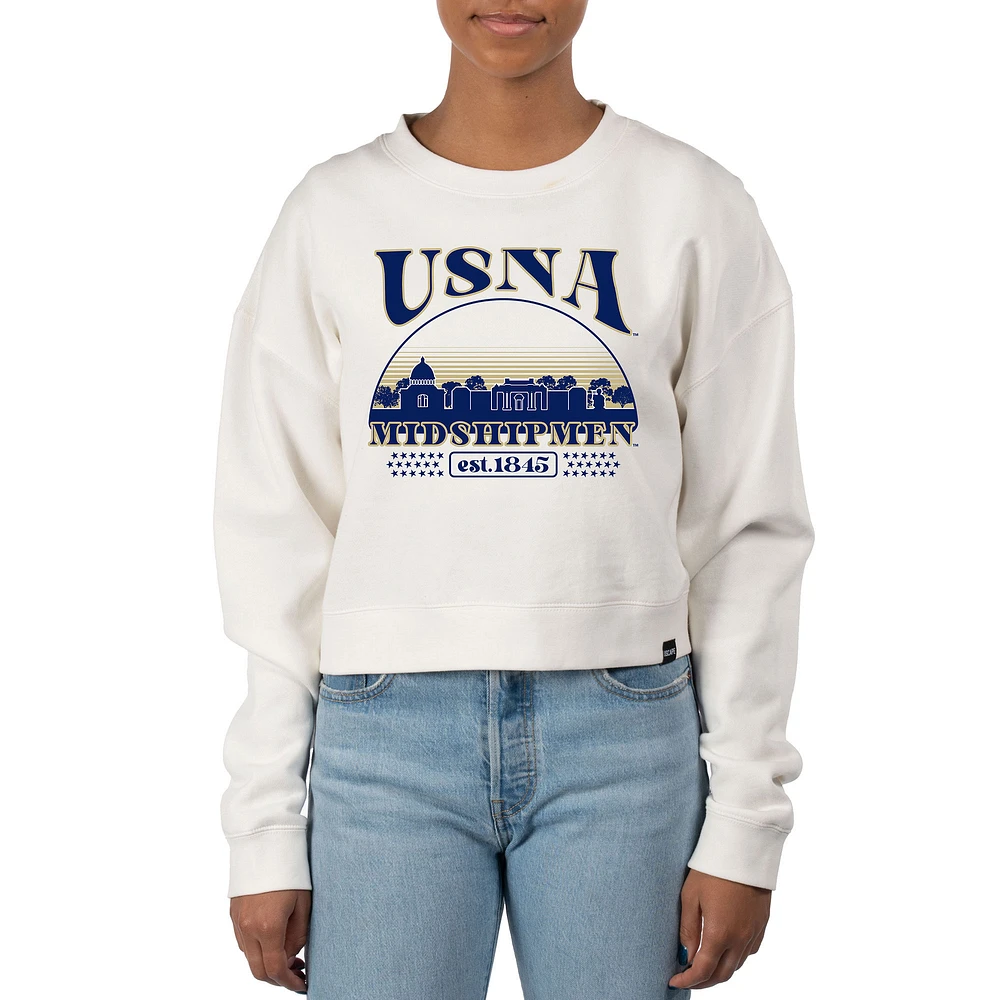 Women's Uscape Apparel Cream Navy Midshipmen Pigment Dyed Local Skyline Fleece Crop Crewneck Sweatshirt