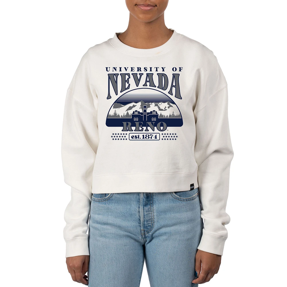 Women's Uscape Apparel Cream Nevada Wolf Pack Pigment Dyed Local Skyline Fleece Crop Crewneck Sweatshirt