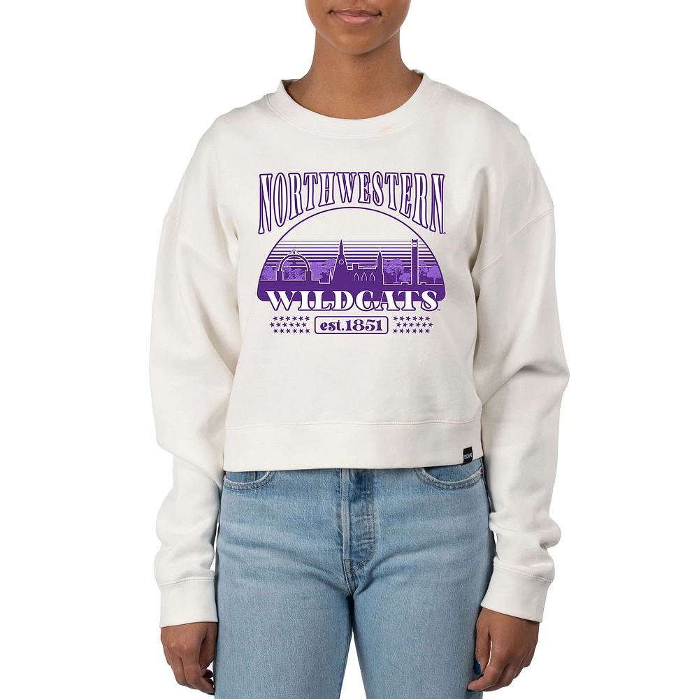 Women's Uscape Apparel Cream Northwestern Wildcats Pigment Dyed Local Skyline Fleece Crop Crewneck Sweatshirt