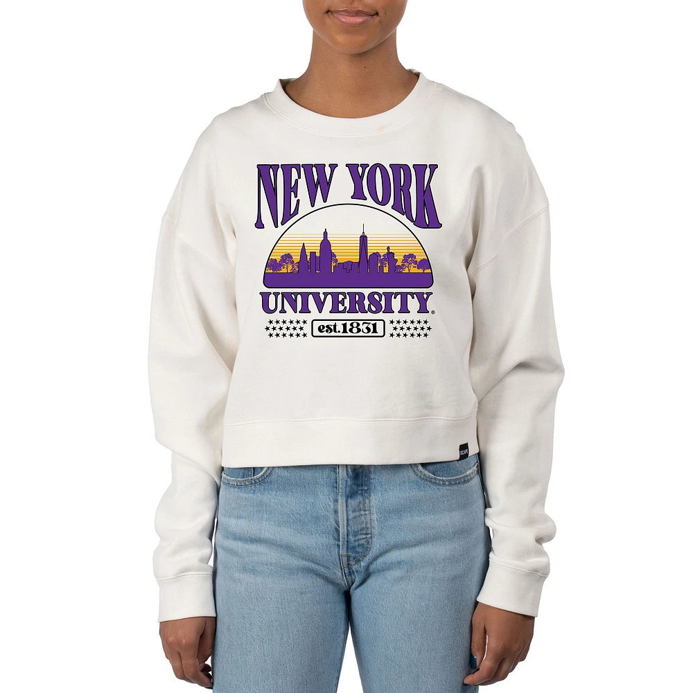 Women's Uscape Apparel Cream NYU Violets Pigment Dyed Local Skyline Fleece Crop Crewneck Sweatshirt