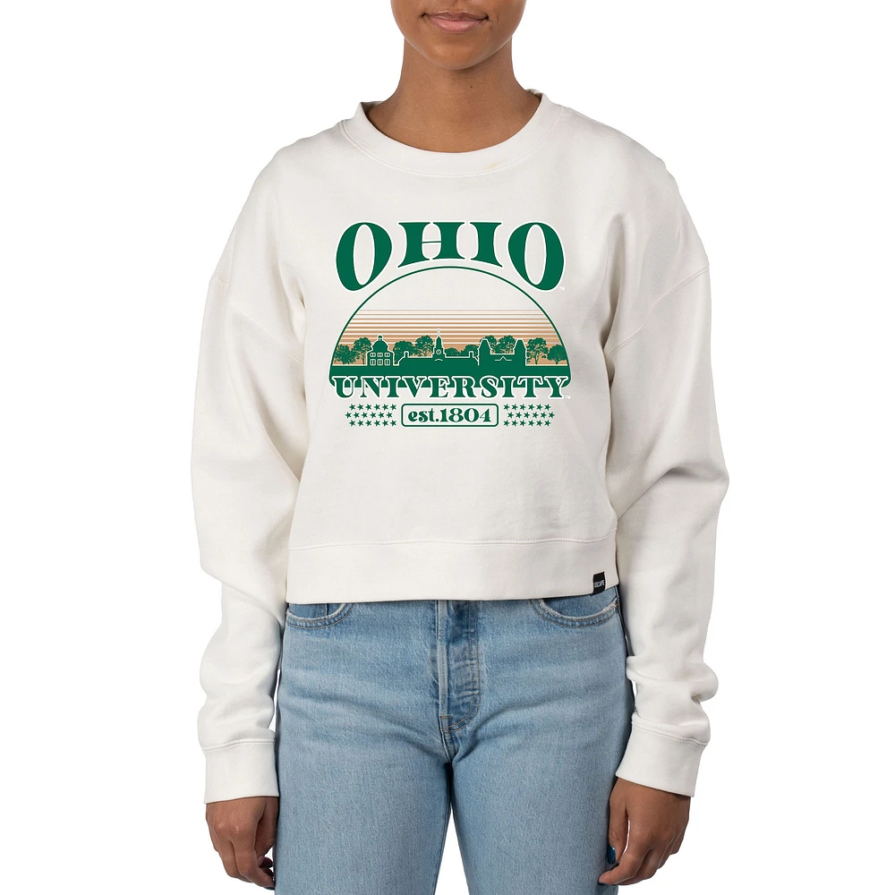 Women's Uscape Apparel Cream Ohio Bobcats Pigment Dyed Local Skyline Fleece Crop Crewneck Sweatshirt