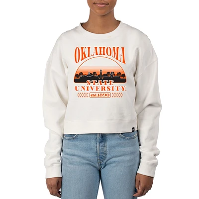 Women's Uscape Apparel Cream Oklahoma State Cowboys Pigment Dyed Local Skyline Fleece Crop Crewneck Sweatshirt