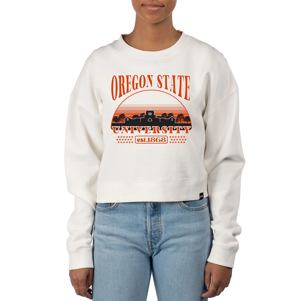 Women's Uscape Apparel Cream Oregon State Beavers Pigment Dyed Local Skyline Fleece Crop Crewneck Sweatshirt