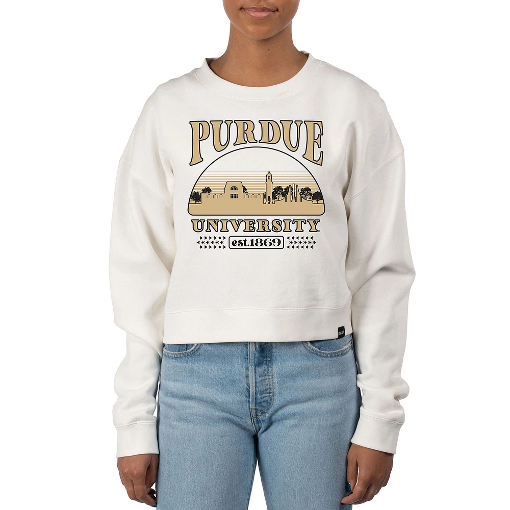 Women's Uscape Apparel Cream Purdue Boilermakers Pigment Dyed Local Skyline Fleece Crop Crewneck Sweatshirt